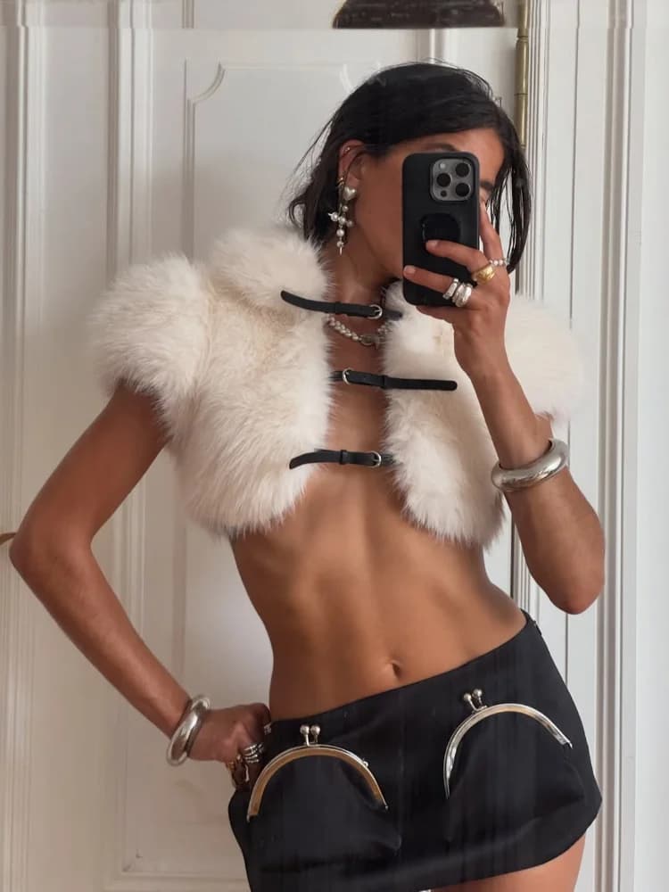 Chic Fluffy Women Fake Fur Jacket Lapel Collar Short Sleeve Lace Up Buckles Cardigan Tops Casual Warm Street Daily Winter Vests