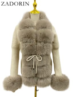 ZADORIN Autumn Winter Women Faux Fur Coat Luxury Knitted Sweater Fur Cardigan Detachable Collar White Pink Jacket Faux Fur Coats
