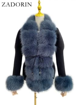 ZADORIN Autumn Winter Women Faux Fur Coat Luxury Knitted Sweater Fur Cardigan Detachable Collar White Pink Jacket Faux Fur Coats