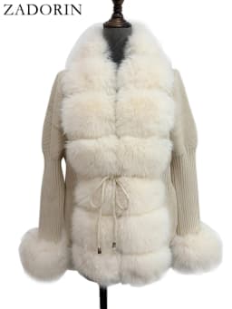 ZADORIN Autumn Winter Women Faux Fur Coat Luxury Knitted Sweater Fur Cardigan Detachable Collar White Pink Jacket Faux Fur Coats