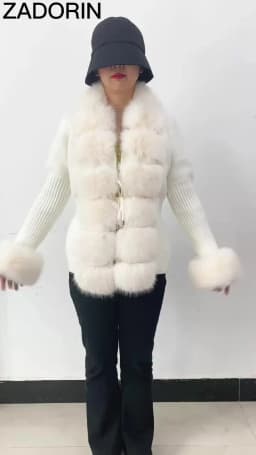 ZADORIN Autumn Winter Women Faux Fur Coat Luxury Knitted Sweater Fur Cardigan Detachable Collar White Pink Jacket Faux Fur Coats