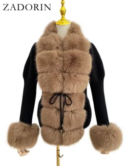 ZADORIN Autumn Winter Women Faux Fur Coat Luxury Knitted Sweater Fur Cardigan Detachable Collar White Pink Jacket Faux Fur Coats