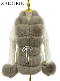 ZADORIN Autumn Winter Women Faux Fur Coat Luxury Knitted Sweater Fur Cardigan Detachable Collar White Pink Jacket Faux Fur Coats