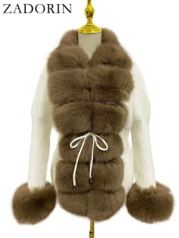 ZADORIN Autumn Winter Women Faux Fur Coat Luxury Knitted Sweater Fur Cardigan Detachable Collar White Pink Jacket Faux Fur Coats