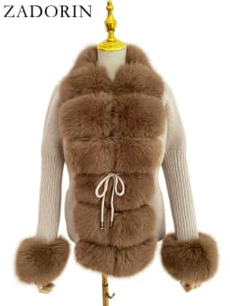 ZADORIN Autumn Winter Women Faux Fur Coat Luxury Knitted Sweater Fur Cardigan Detachable Collar White Pink Jacket Faux Fur Coats