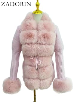 ZADORIN Autumn Winter Women Faux Fur Coat Luxury Knitted Sweater Fur Cardigan Detachable Collar White Pink Jacket Faux Fur Coats