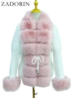 ZADORIN Autumn Winter Women Faux Fur Coat Luxury Knitted Sweater Fur Cardigan Detachable Collar White Pink Jacket Faux Fur Coats