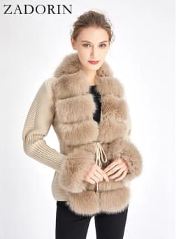 ZADORIN Autumn Winter Women Faux Fur Coat Luxury Knitted Sweater Fur Cardigan Detachable Collar White Pink Jacket Faux Fur Coats