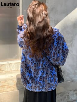 Lautaro Winter Oversized Colorful Leopard Print Faux Fur Coat Women Long Sleeve Zip Up Warm Soft Fluffy Jacket Korean Fashion