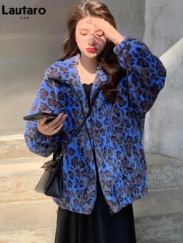Lautaro Winter Oversized Colorful Leopard Print Faux Fur Coat Women Long Sleeve Zip Up Warm Soft Fluffy Jacket Korean Fashion