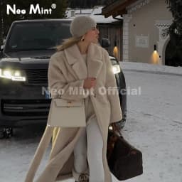 Neo Mint Belted Faux Mink Fur Coat Women 2025 Winter Beige Gradient Furry Fur Jacket Luxury Brand Hooded Warm Outerwear Overcoat