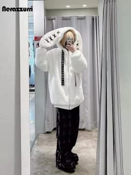 Nerazzurri Winter Sweet Cute Kawaii Soft Thick Warm White Faux Fur Coat Women with Bunny Ears Cute Fluffy Jacket Hoodie 2024