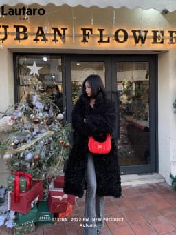 Lautaro Winter Long Loose Casual Soft Thick Warm Fluffy Black Faux Fur Coat Women Stand Collar Hairy Furry Fuzzy Overcoat 2023