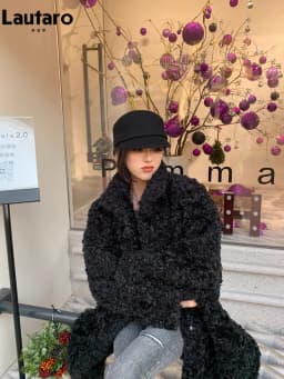 Lautaro Winter Long Loose Casual Soft Thick Warm Fluffy Black Faux Fur Coat Women Stand Collar Hairy Furry Fuzzy Overcoat 2023