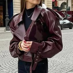 Fashion Lapel Wine Red Leather PU Jacket Autumn Winter Women's Jackets Vintage Long Sleeve Crop Coats Belt High Street New Coat