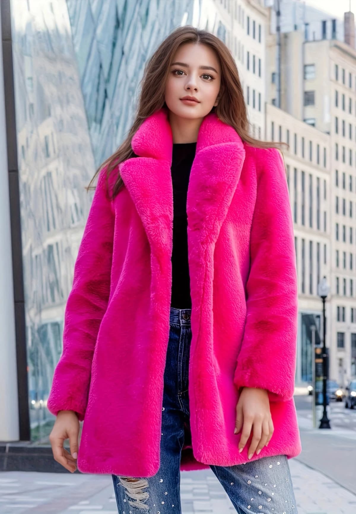 Elegant Directional Faux Rex Rabbit Fur Coat for Women - Mid-Length Solid Color Coat ,Fall Winter Casual Commuter Outerwear