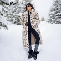 Neo Mint Luxury Maxi Long Leopard Belted Faux Fur Coat Women Winter 2024 Brand Fashion Mob Wife Vibe Fox Fur Jacket Overcoat