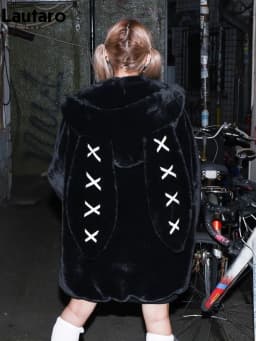 Lautaro Autumn Oversized Sweet Cute Soft Purple Black Faux Fur Coat Women with Bunny Ears Kawaii Loose Fluffy Jacket Hoodie 2023