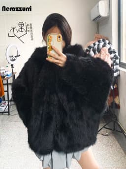 Nerazzurri Autumn Winter Oversized White Black Warm Shaggy Hairy Faux Fur Coat Women with Hood Loose Casual Fluffy Jacket 2023