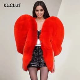 KUCLUT Fashion Solid Color Faux Fur Red Love 3D Heart Shawl Warm Coat For Women Versatile High-end Jacket Female 1A950