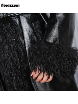 Nerazzurri Autumn Winter Long Loose Black Quilted Warm Soft Pu Leather Coat Women with Faux Fur Trim Sashes European Fashion