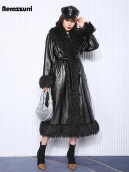 Nerazzurri Autumn Winter Long Loose Black Quilted Warm Soft Pu Leather Coat Women with Faux Fur Trim Sashes European Fashion