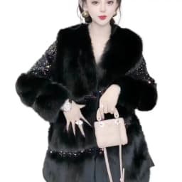 Faux Fur Coat for Women, Turn-down Collar Jacket, Loose Spliced Overcoat, Covered Button, Sequins, Female, New, Winter