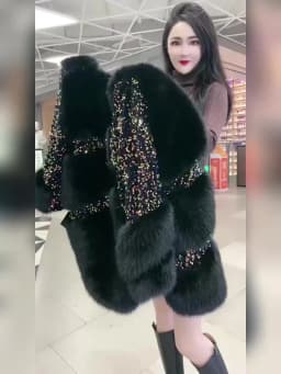 Faux Fur Coat for Women, Turn-down Collar Jacket, Loose Spliced Overcoat, Covered Button, Sequins, Female, New, Winter
