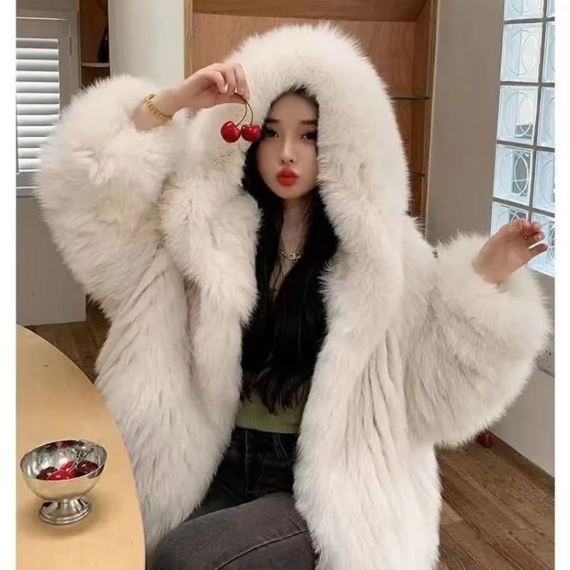 Faux Fur Jacket Women Winter Warm Hooded Fluffy Jacket Coat Loose Korean Fashion Fox Mink Jackets Thick Outerwear Snowwear New