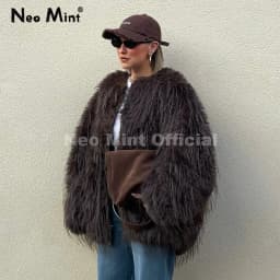 Neo Mint Ins Brand Fashion 2025 Winter Chocolate Brown Oversized Faux Fur Coat Women Fluffy Tassles Jacket Thick Chunky Overcoat