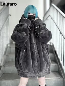 Lautaro Autumn Winter Thick Warm Faux Fur Coat Women with Hood Zipper Luxury Japanese Style Punk Harajuku Fluffy Jacket 2026