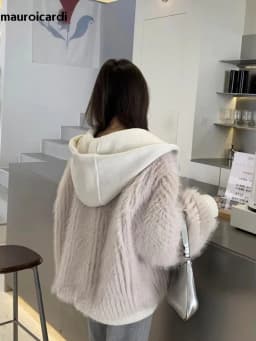 Mauroicardi Spring Winter Hairy Shaggy Soft Thick Warm Faux Fur Coat Women with Hood Fluffy Jacket Fake 2 Piece Clothes 2024