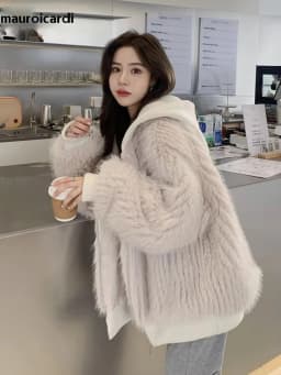 Mauroicardi Spring Winter Hairy Shaggy Soft Thick Warm Faux Fur Coat Women with Hood Fluffy Jacket Fake 2 Piece Clothes 2024