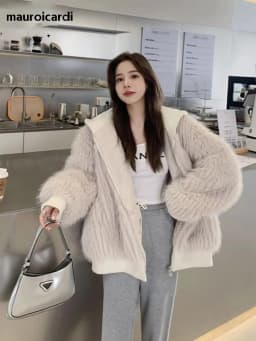 Mauroicardi Spring Winter Hairy Shaggy Soft Thick Warm Faux Fur Coat Women with Hood Fluffy Jacket Fake 2 Piece Clothes 2024