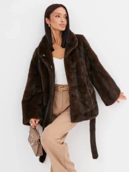 2026 Autumn Winter Women Faux Mink Fur Coat Lapel Collar Belted Long Jacket Luxury Fluffy Outerwear Brown