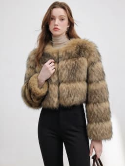 ZADORIN High Quality Cropped Faux Raccoon Fur Coat Woman Winter Fashion O Neck Long Sleeve Fluffy Short Faux Fur Jacket Crop Top