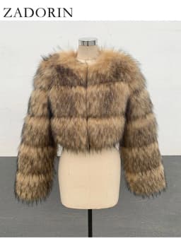 ZADORIN High Quality Cropped Faux Raccoon Fur Coat Woman Winter Fashion O Neck Long Sleeve Fluffy Short Faux Fur Jacket Crop Top
