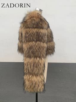 ZADORIN High Quality Cropped Faux Raccoon Fur Coat Woman Winter Fashion O Neck Long Sleeve Fluffy Short Faux Fur Jacket Crop Top