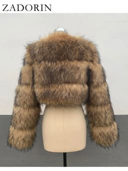 ZADORIN High Quality Cropped Faux Raccoon Fur Coat Woman Winter Fashion O Neck Long Sleeve Fluffy Short Faux Fur Jacket Crop Top