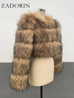 ZADORIN High Quality Cropped Faux Raccoon Fur Coat Woman Winter Fashion O Neck Long Sleeve Fluffy Short Faux Fur Jacket Crop Top