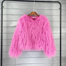 DEAT Fashion Gray Imitation Mongolia Sheep Fur Coat Women's Round Neck Long Sleeves Thick Plush Jacket Winter New
