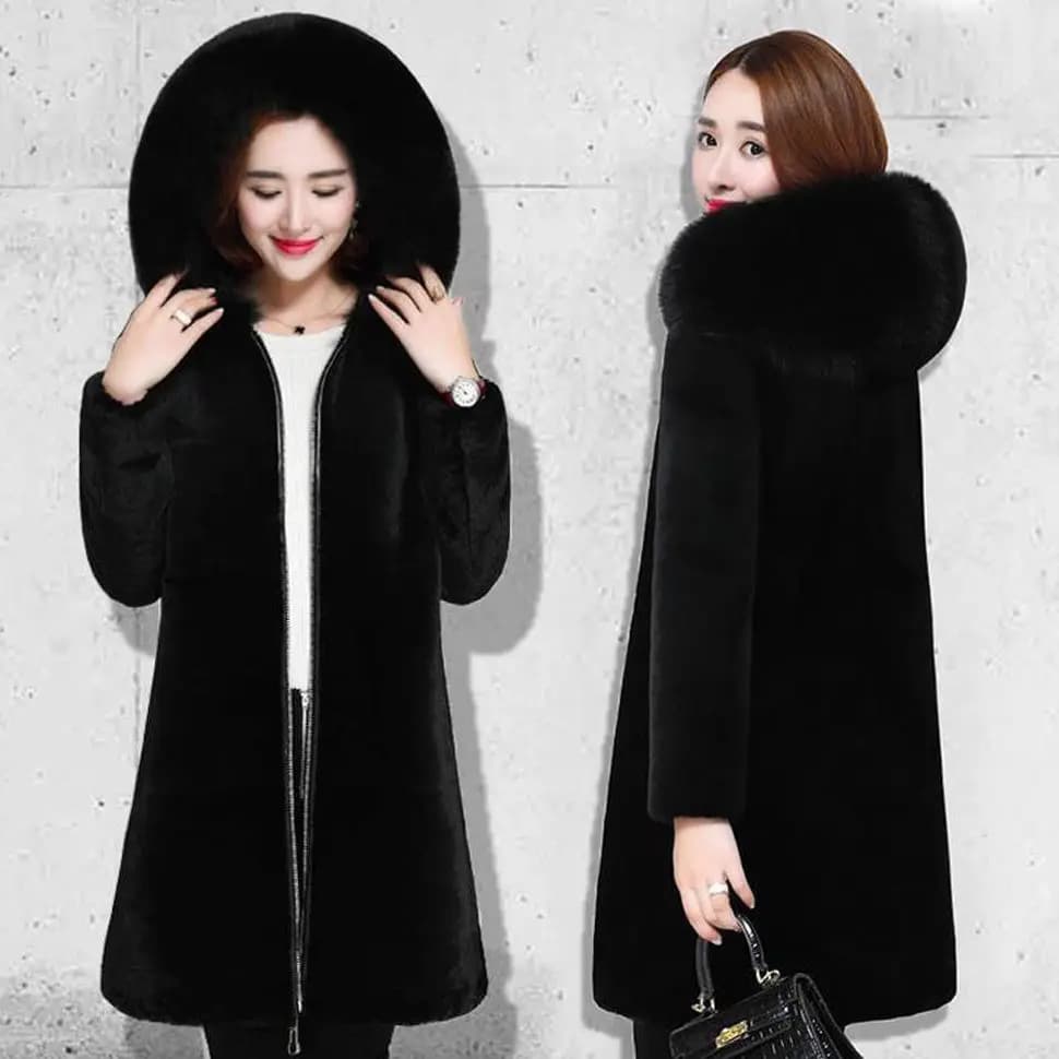 2025 New Winter Faux Fur Jacket Black Hooded Parkas Coat Thicken Ladies Warm Long Overcoat 5XL Windproof Snow Outerwear Female