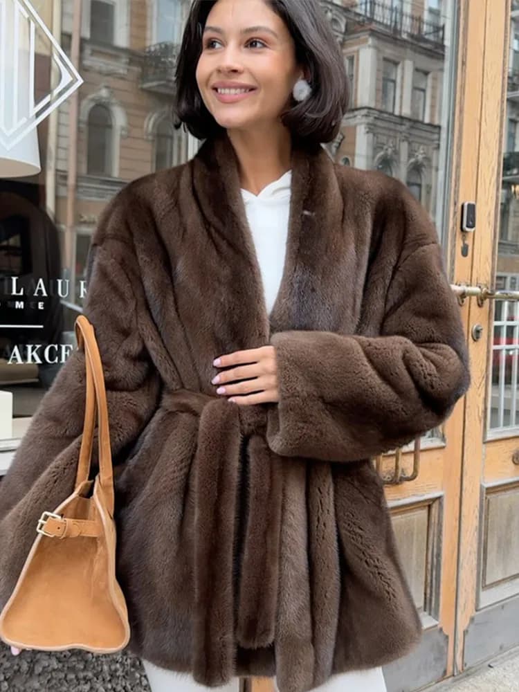 Elegant Lace Up Women Faux Fur Coat Fashion V-neck Long Sleeve Loose Plush Jacket 2025 Winter Lady Warm Daily Commute Outwear