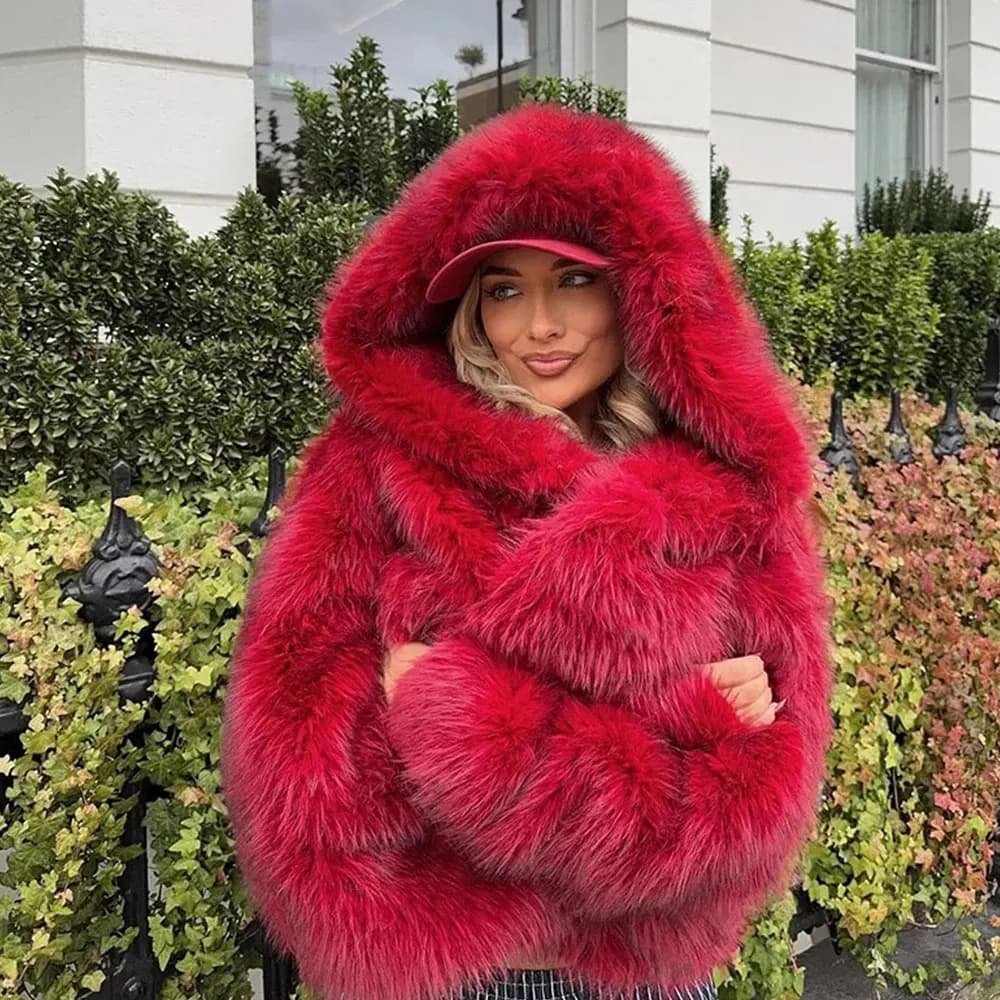 Hooded Female Coats 2024 Women Faux Fur Coat Fashion Warm Winter Furry Long Sleeve Loose Fluffy Short Fur Jacket Ladies Outwear