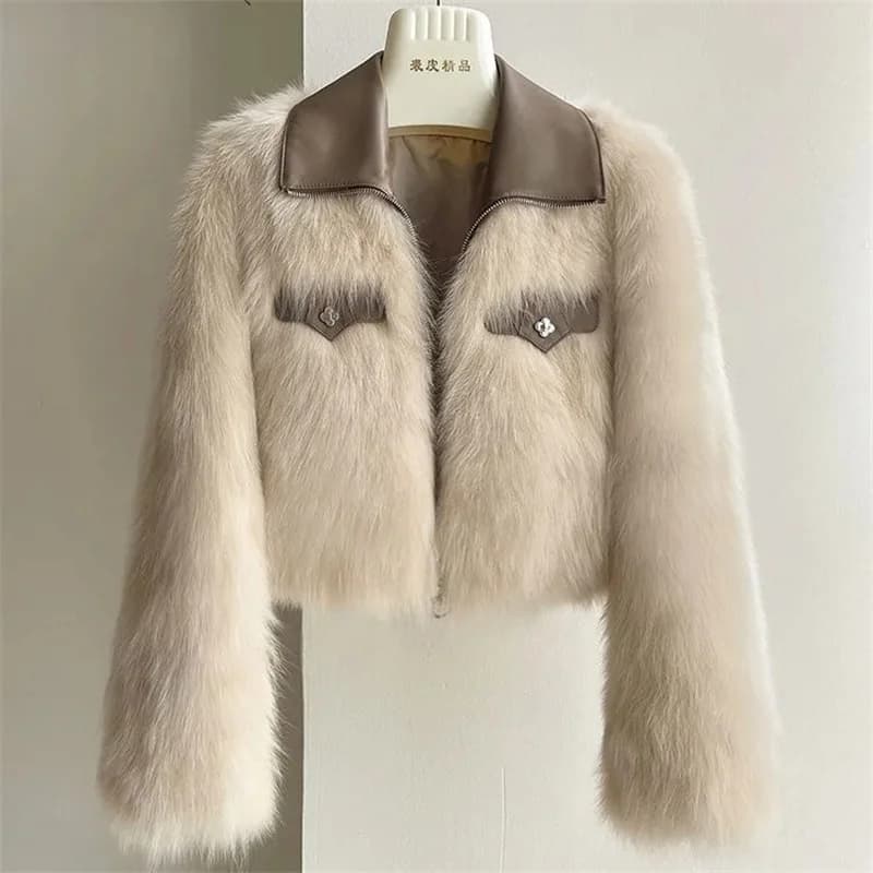 Women's Short Lapel Imitation Fox fur grass Coat 2025 Autumn Winter New Korean version Fashion Thicken Zipper Fur Coat Top