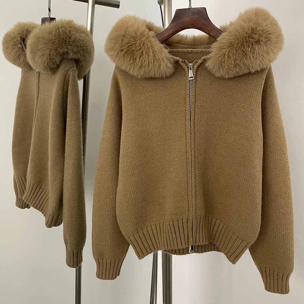 Hooded Oversized Cardigan Women Winter Faux Fur Sweater Female Solid Fake Fur Kintted Coat Fashion Loose Artificial Fur Knitwear