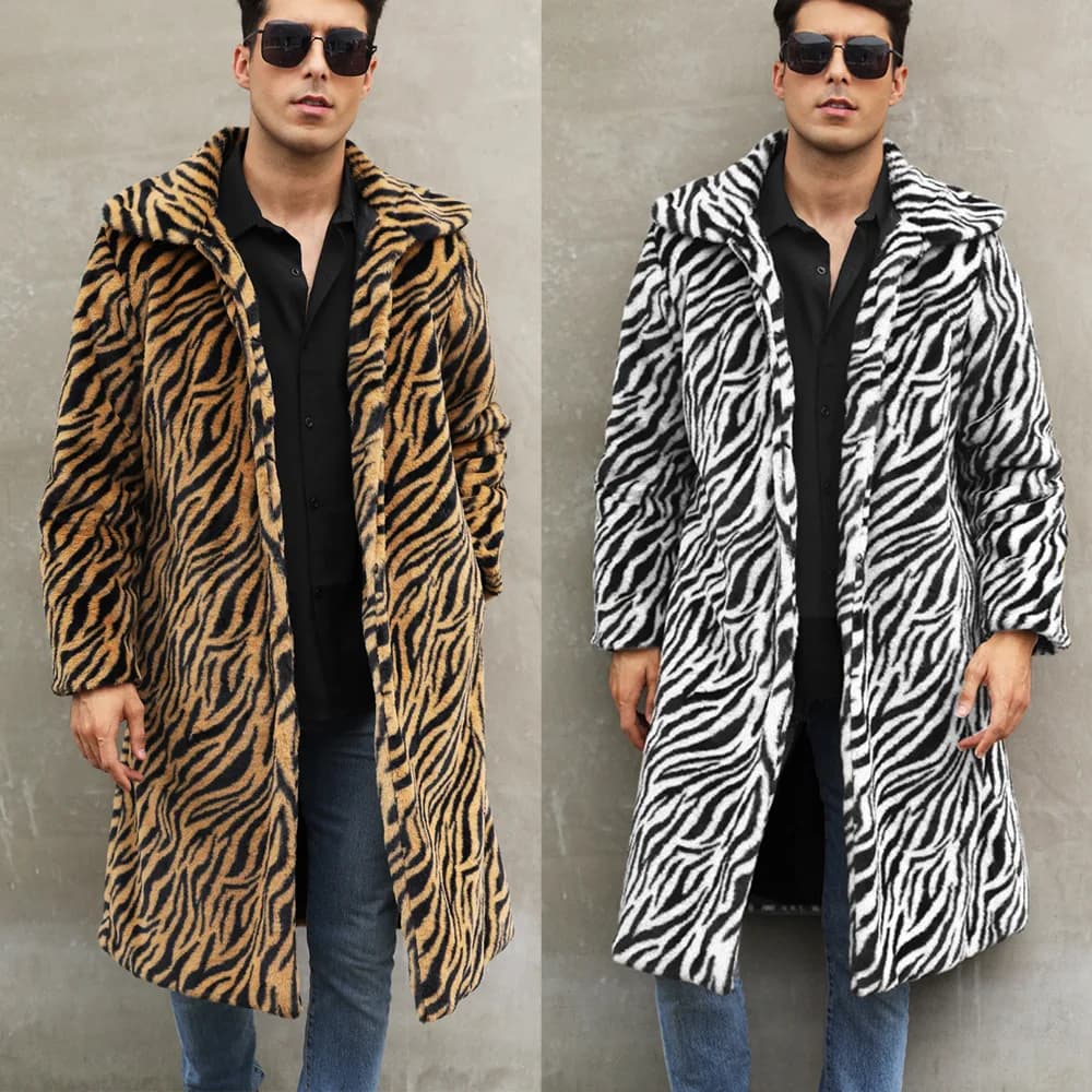 Autumn and Winter New Men's Square Collar Imitation Fur Long Coat Coat Men's Zebra Pattern