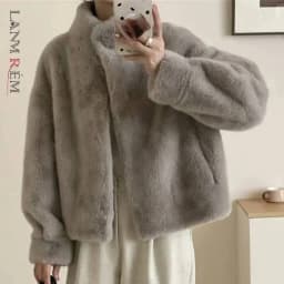 LANMREM Eco-friendly Mink Fur Windproof Stand Collar Faux Mink Coat For Women Warm Winter Thick Jackets With Pockets 2DB5167
