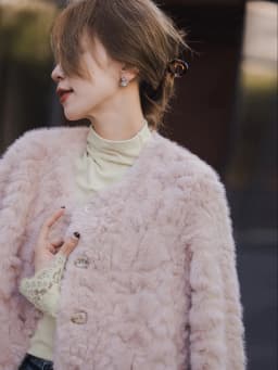 XIAOGULI Women Soft Pink Cropped Faux Fur Jacket Winter Coat Round Neck Korean Style Fluffy Plush Warm Casual Short Outerwear