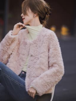 XIAOGULI Women Soft Pink Cropped Faux Fur Jacket Winter Coat Round Neck Korean Style Fluffy Plush Warm Casual Short Outerwear